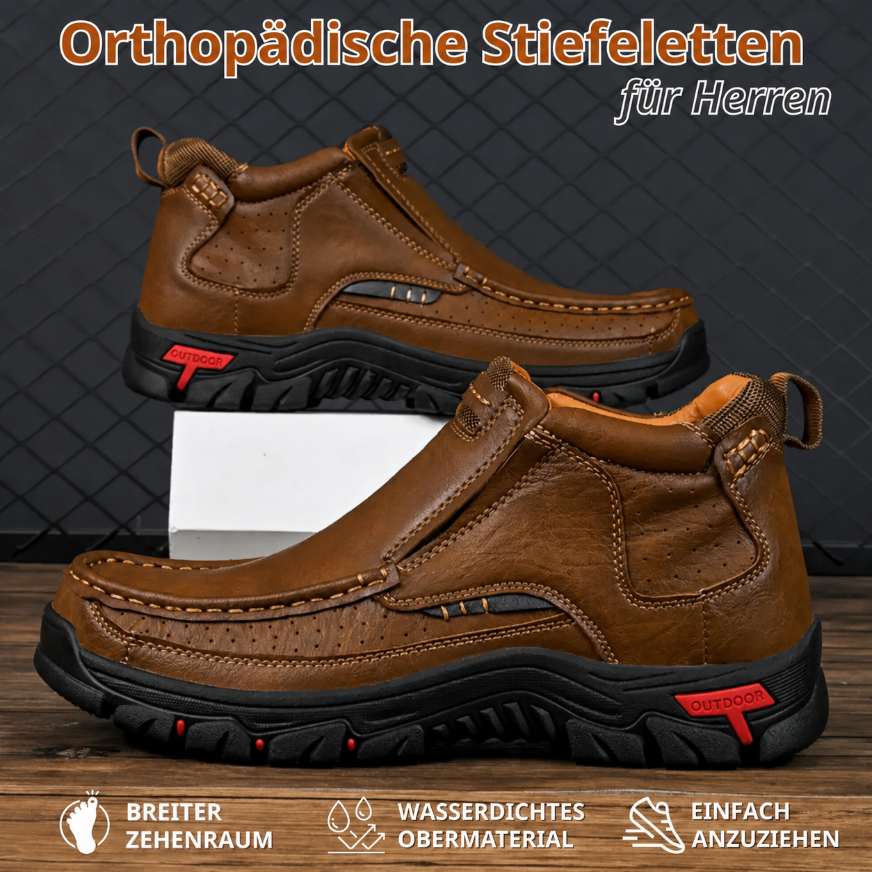 Orthopädische Stiefeletten für Herren mit breitem Zehenraum, wasserdichtem Obermaterial und einfachem Einstieg