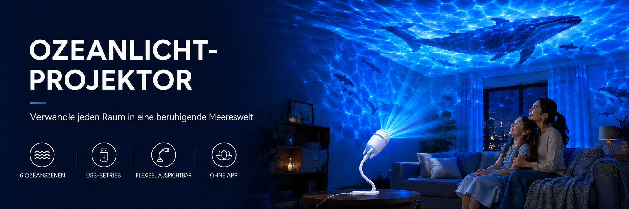 Ozeanlicht-Projektor im Schlafzimmer