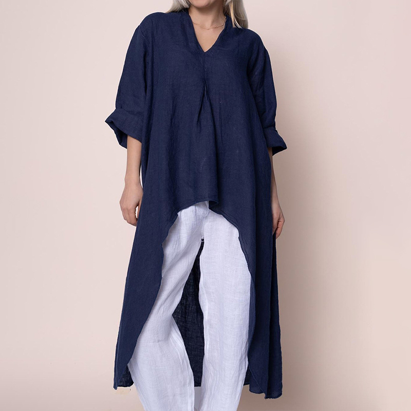 ⏰Saisonaler Abverkauf🔥Leinenbluse mit V-Ausschnitt, asymmetrischem Saum und asymmetrischem Schnitt, langem Ärmel