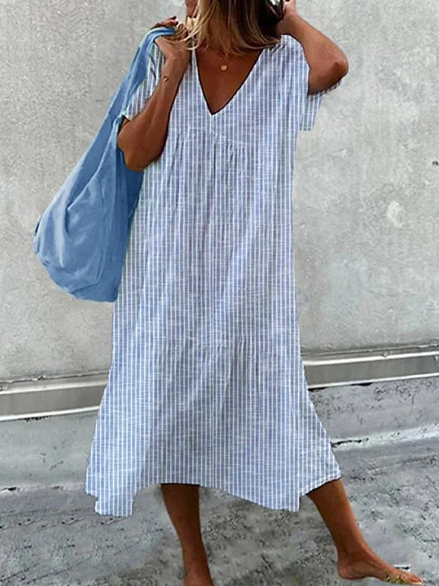 Damen Sommerkleid mit Streifen, V-Ausschnitt und lockerer Passform