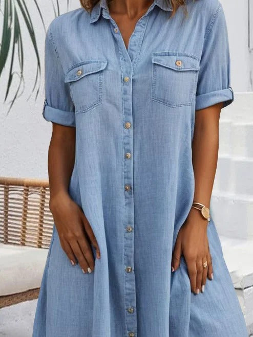 Cotton Buckle Loose Shirt Collar Short Dress
