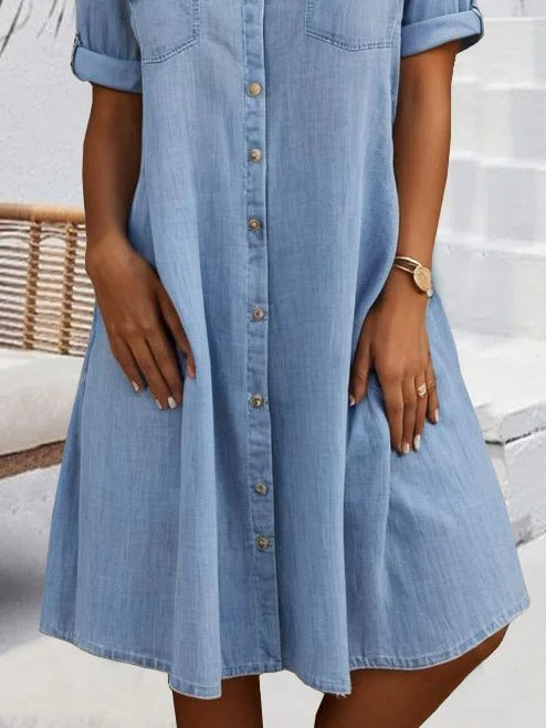 Cotton Buckle Loose Shirt Collar Short Dress