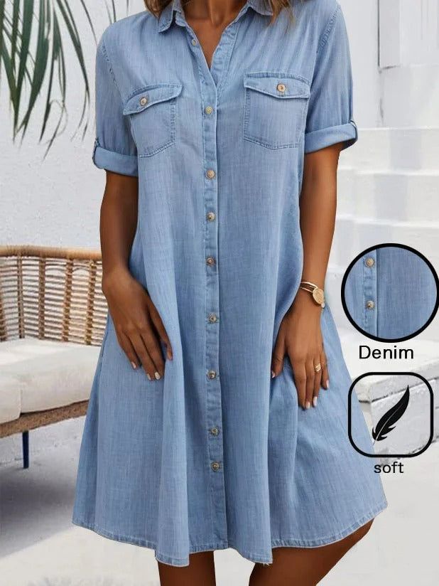 Cotton Buckle Loose Shirt Collar Short Dress