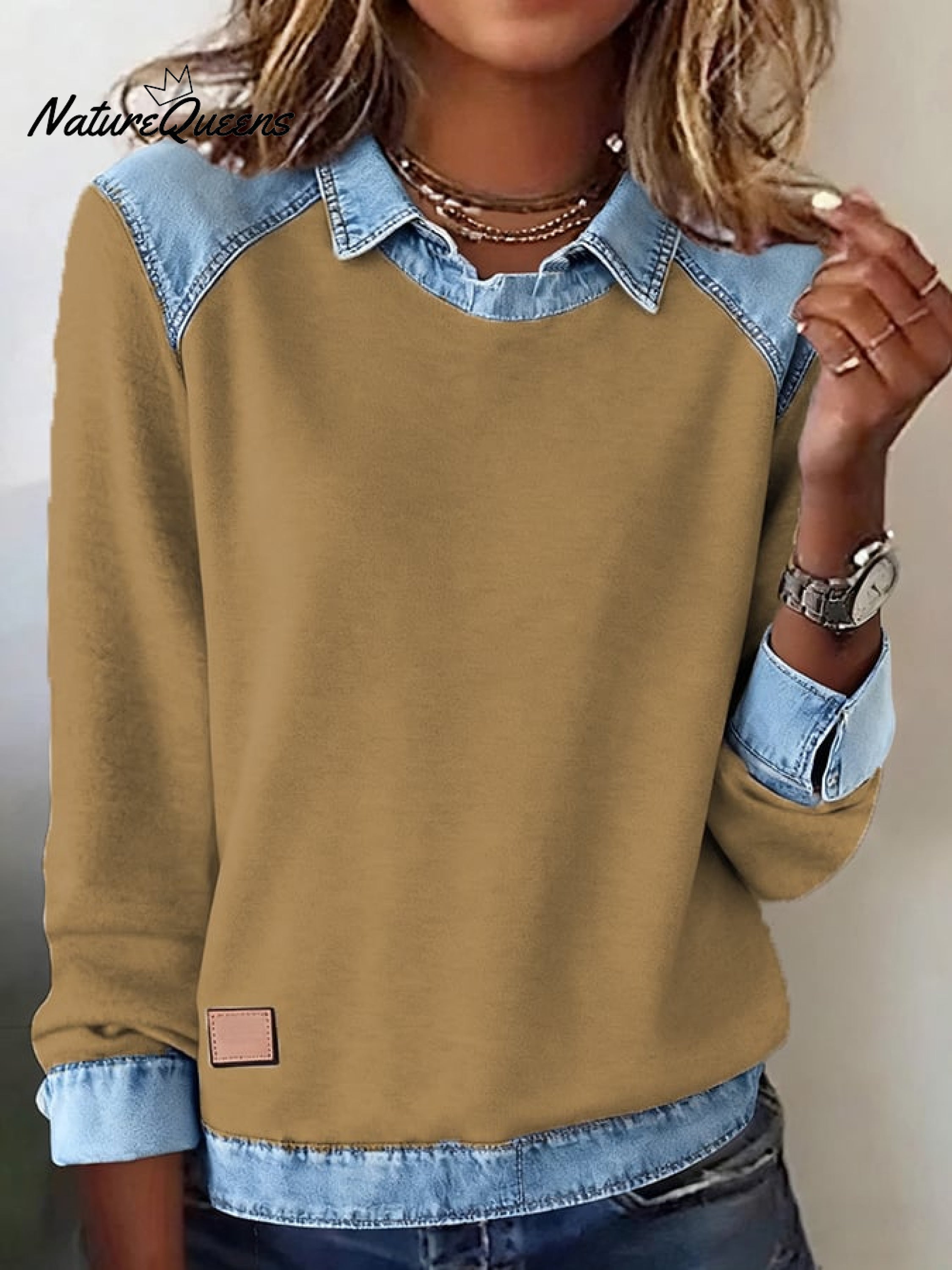 👕 Lässiges Damen-Sweatshirt mit Reverskragen und Denim-Patchwork ✨