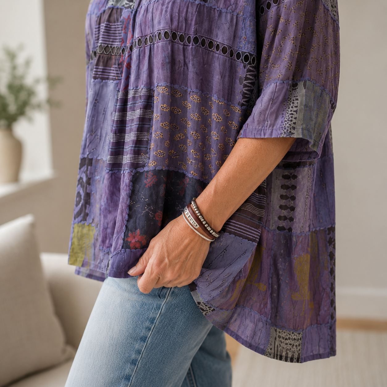 Women's Vintage Patchwork Art Print Flowy Linen Blend Casual Tops