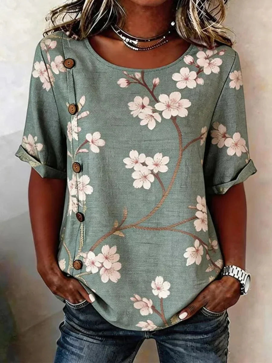 Maxikleid aus Baumwollmischung mit Blumenmuster, Rundhalsausschnitt, halben Ärmeln, lockerer Passform, hoher Taille und A-Linien-Schnitt