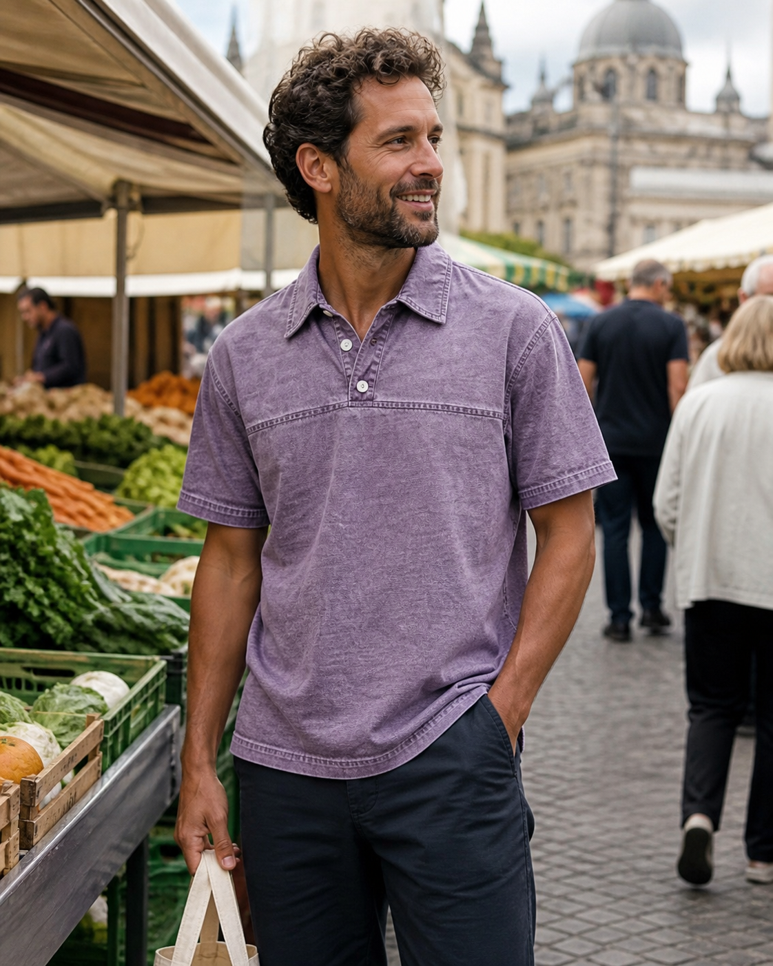 Marktbesuch mit dem Herren-Sommer-Set in Lila