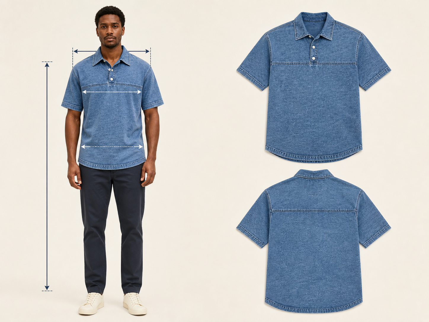 Messpunkte am Model sowie Vorder- und Rückansicht des Washed-Polo