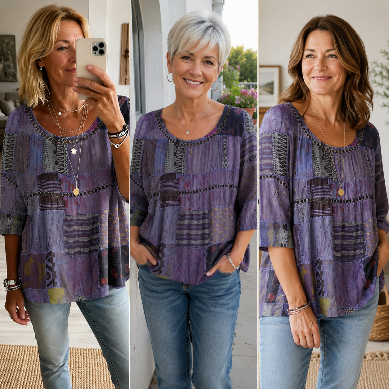 Women's Vintage Patchwork Art Print Flowy Linen Blend Casual Tops
