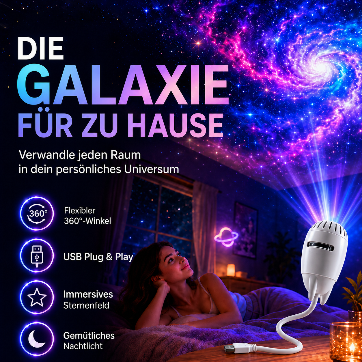 HD-Projektor mit deutscher Produktgrafik – Ansicht 3