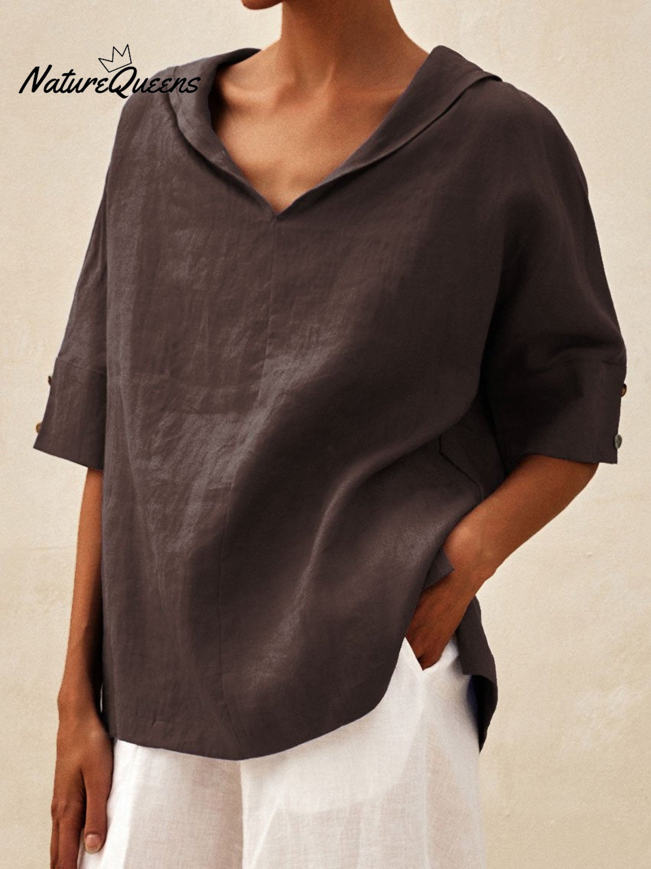 🌿 Damen-Freizeit-Leinenhemd mit V-Ausschnitt 👚✨