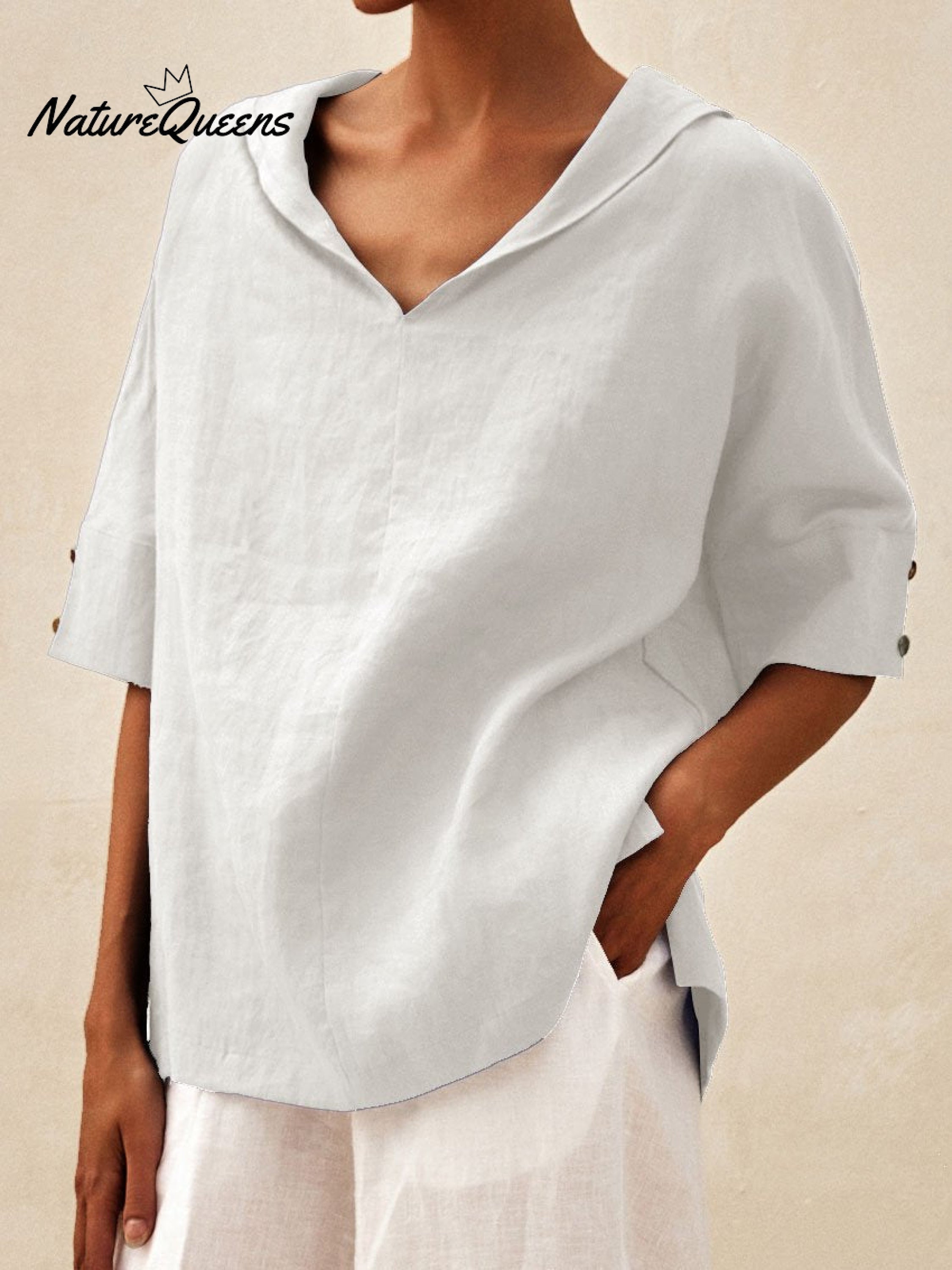 🌿 Damen-Freizeit-Leinenhemd mit V-Ausschnitt 👚✨