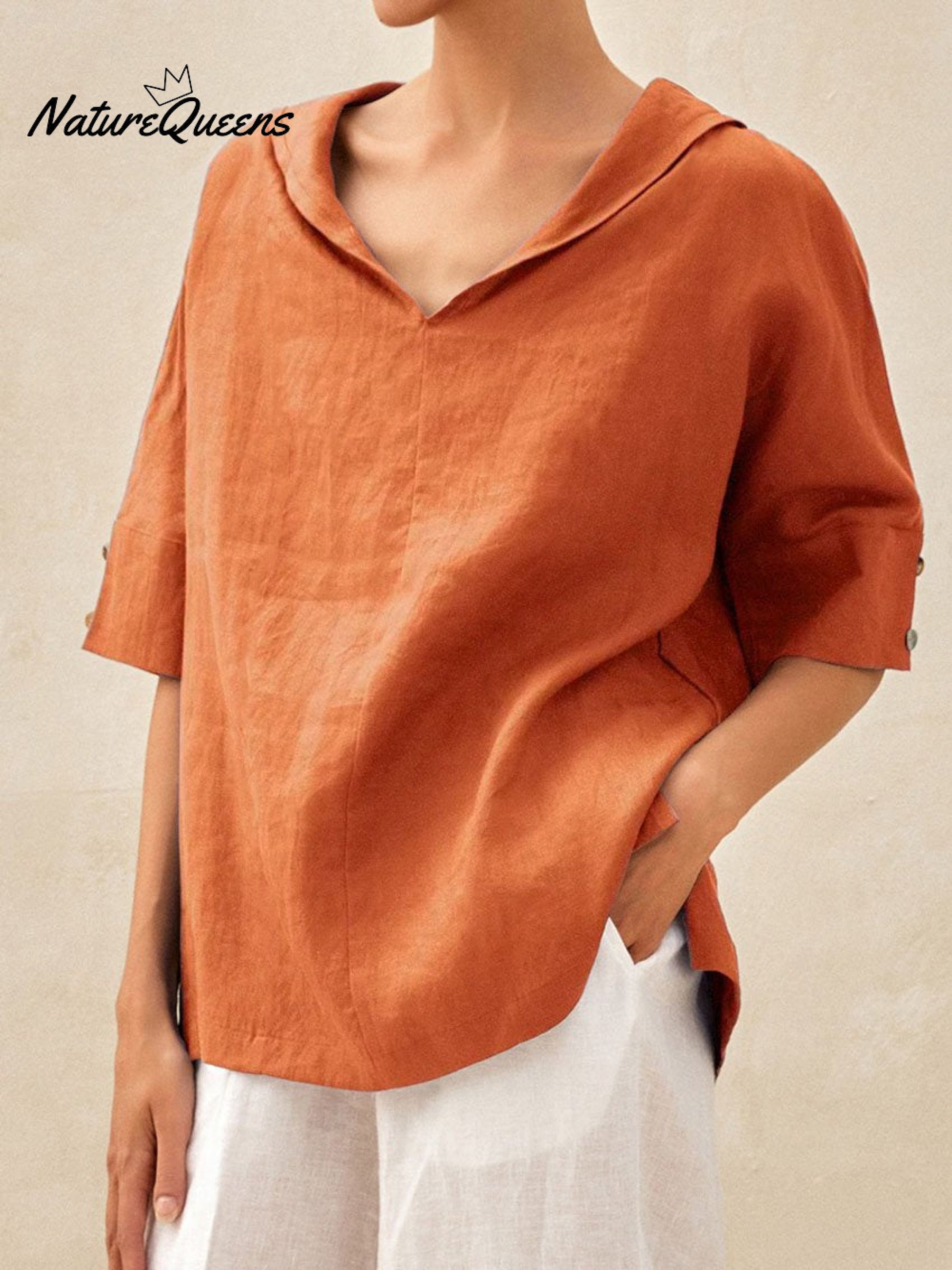 🌿 Damen-Freizeit-Leinenhemd mit V-Ausschnitt 👚✨