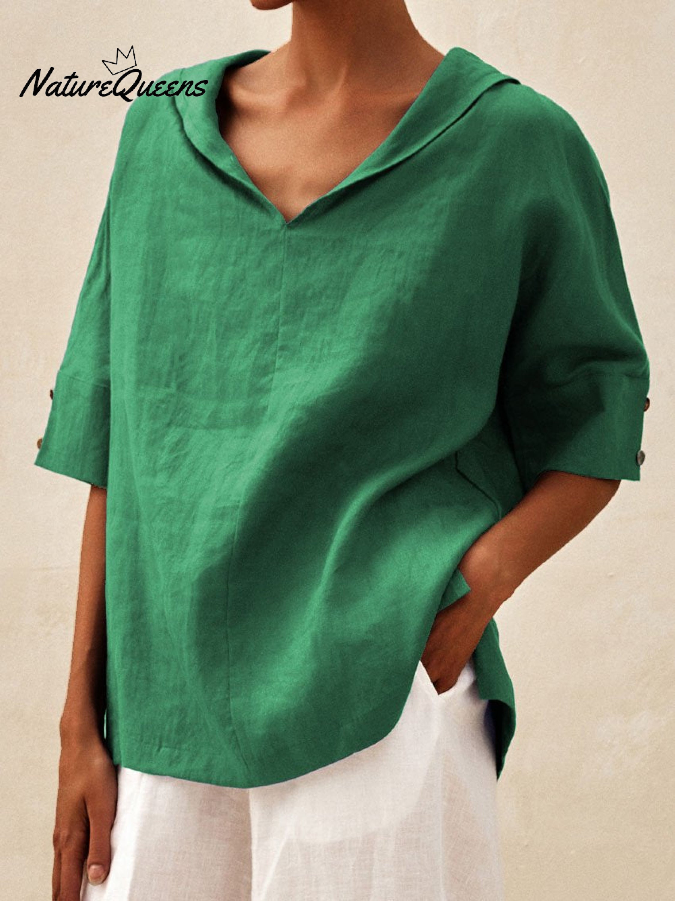 🌿 Damen-Freizeit-Leinenhemd mit V-Ausschnitt 👚✨