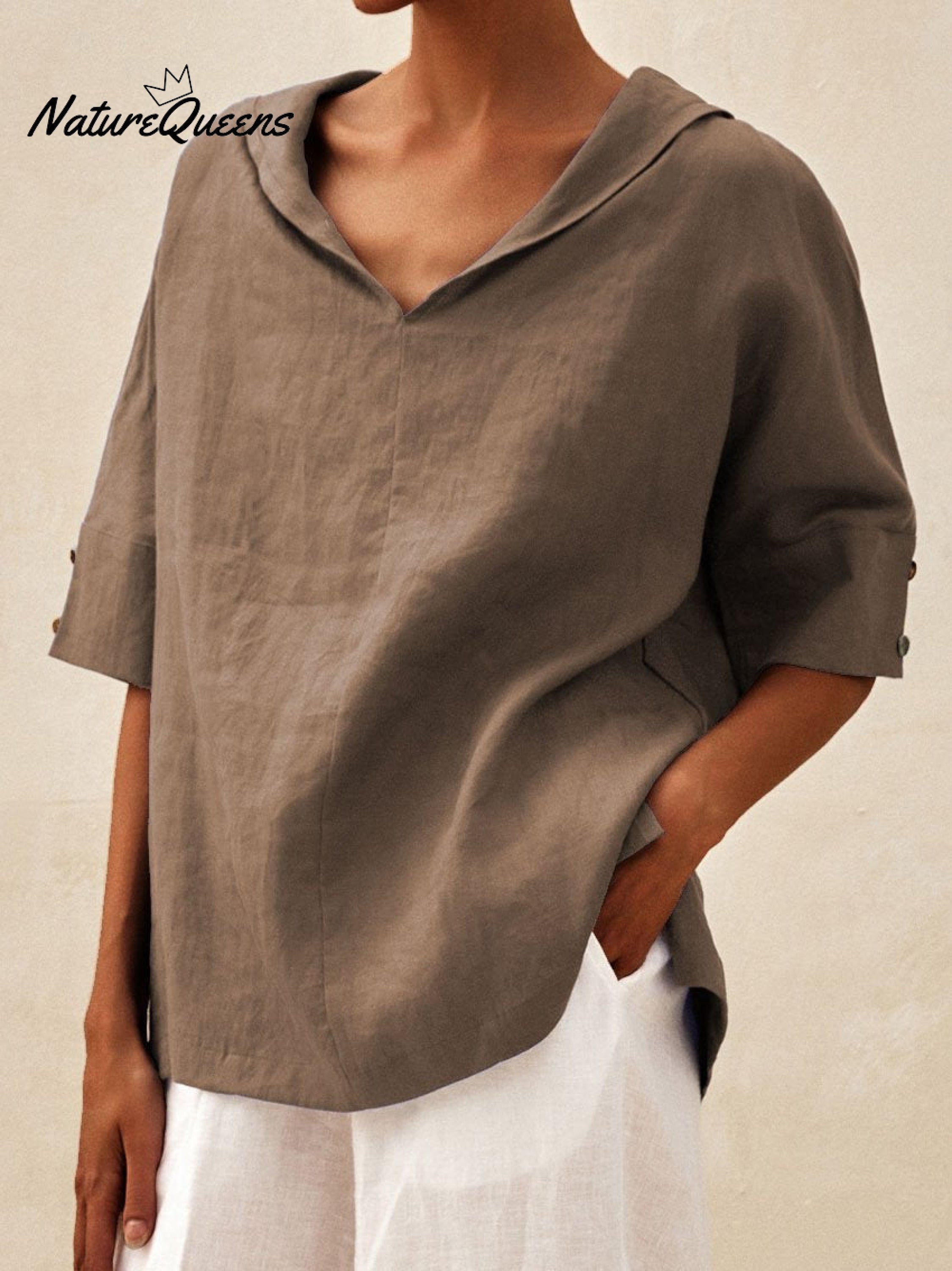 🌿 Damen-Freizeit-Leinenhemd mit V-Ausschnitt 👚✨
