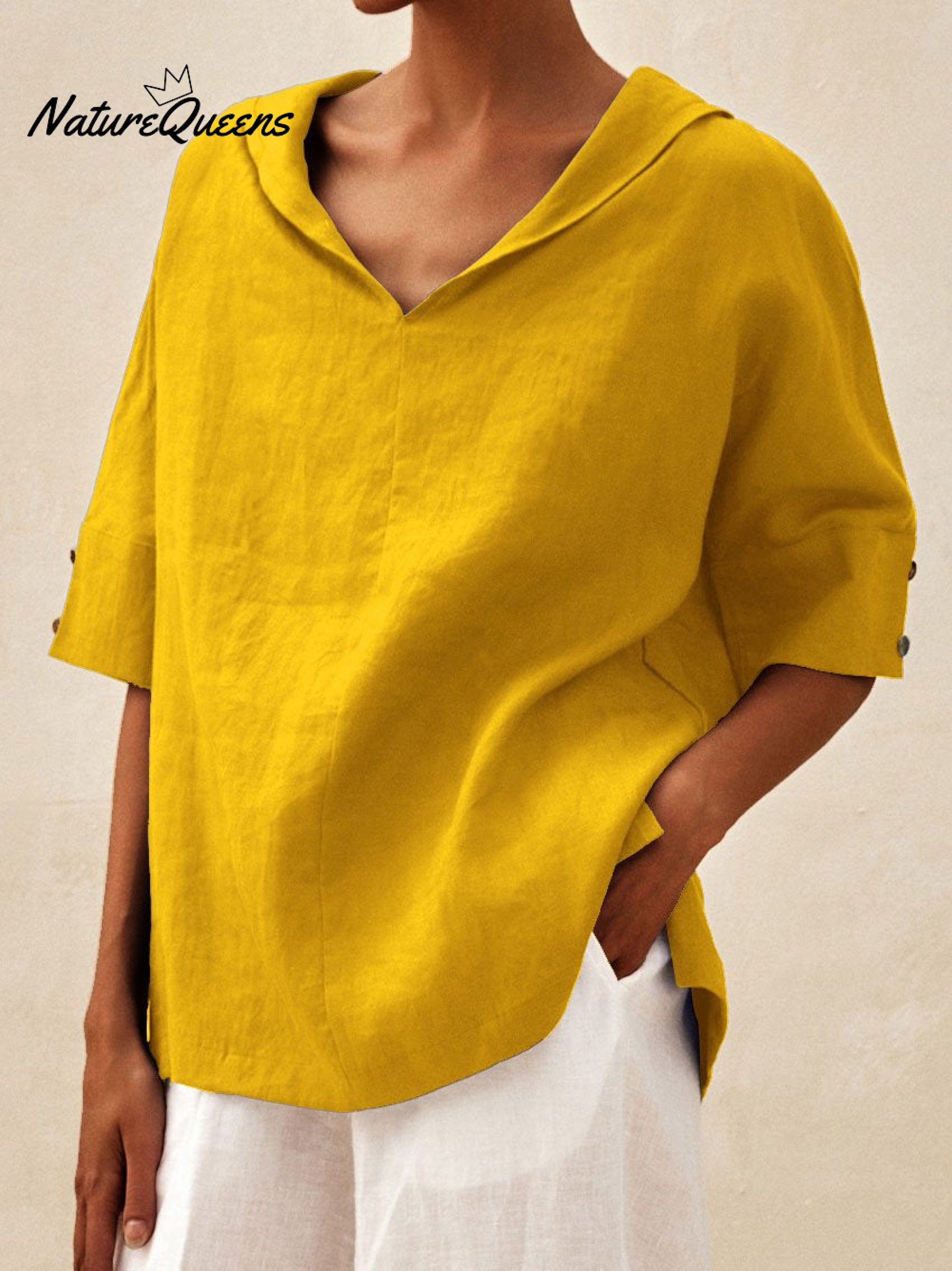 🌿 Damen-Freizeit-Leinenhemd mit V-Ausschnitt 👚✨