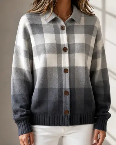 Grau-weiße karierte Strickjacke – Detailansicht 2