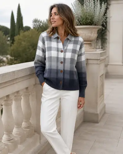 Grau-weiße karierte Strickjacke – Detailansicht 3