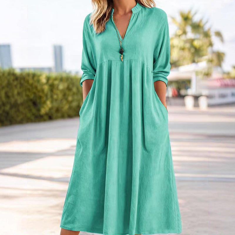 ⏳ Zeitlich begrenztes Sonderangebot ⏰ Damen Freizeit V-Ausschnitt Midikleid mit Taschen