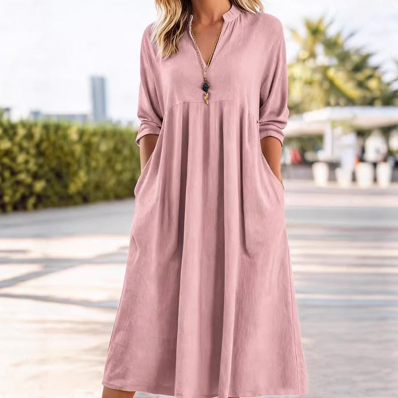 ⏳ Zeitlich begrenztes Sonderangebot ⏰ Damen Freizeit V-Ausschnitt Midikleid mit Taschen
