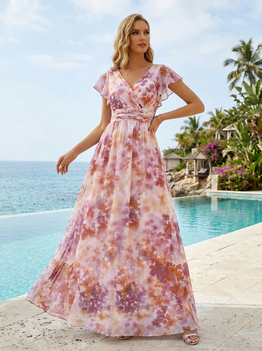 V-Neck Flutter Sleeve Purple Gradient Floral Chiffon Maxi Dress