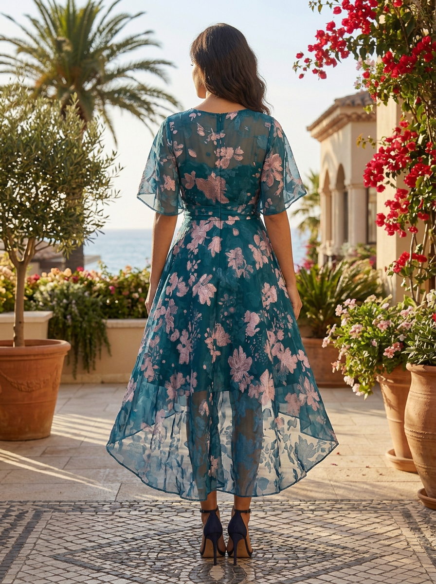 Round Neck Flutter Sleeve Teal Pink Floral Mesh Hi-Low Midi Dress
