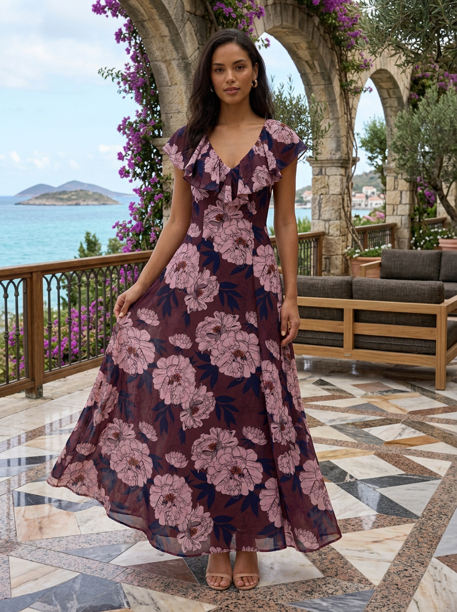 Ruffle V Neck Burgundy Base Pink Peony Print Chiffon Maxi Dress