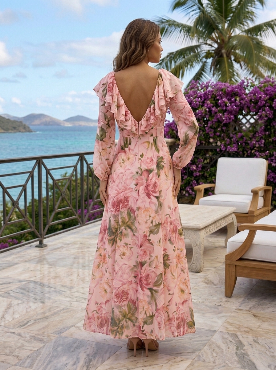 Ruffle V Neck Long Sleeve Blush Pink Rose Floral Chiffon Maxi Dress