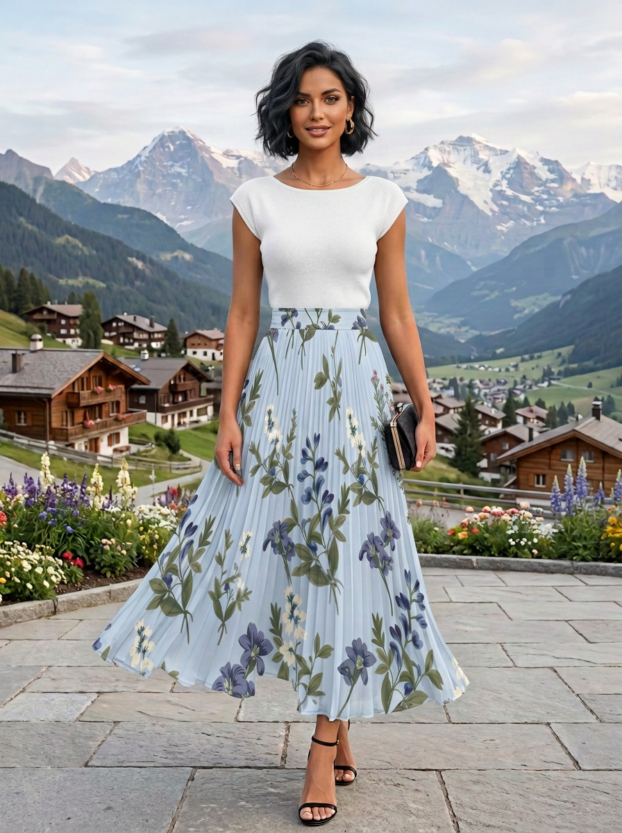 Cap Sleeve Boat Neck Light Blue Wild Floral Pleated Midi Dress