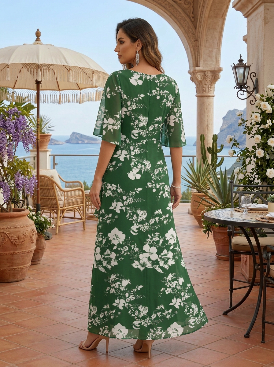 Round Neck Flutter Sleeve Dark Green White Floral Chiffon Maxi Dress with Overlay Detail