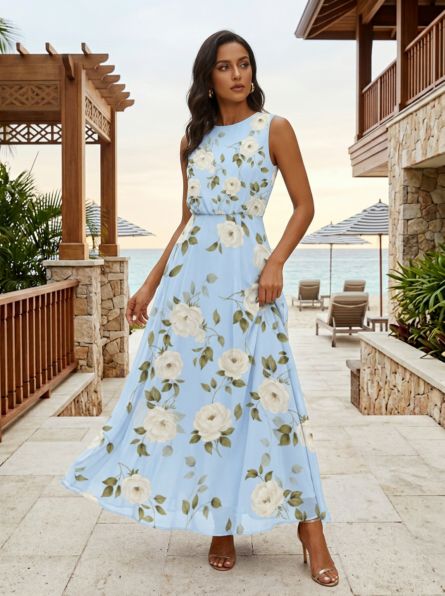 Scoop Neck Sleeveless Light Blue White Rose Floral Chiffon Maxi Dress