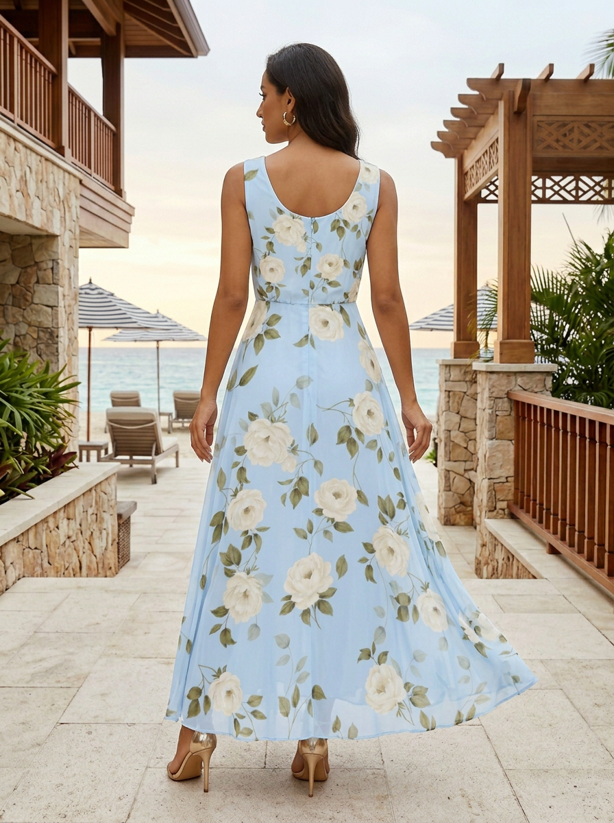 Scoop Neck Sleeveless Light Blue White Rose Floral Chiffon Maxi Dress