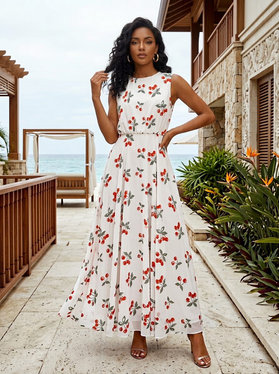 Round Neck Sleeveless White Cherry Print Chiffon Maxi Dress