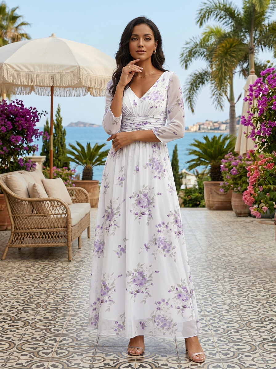V Neck Three Quarter Sleeve White Lavender Floral Chiffon Maxi Dress