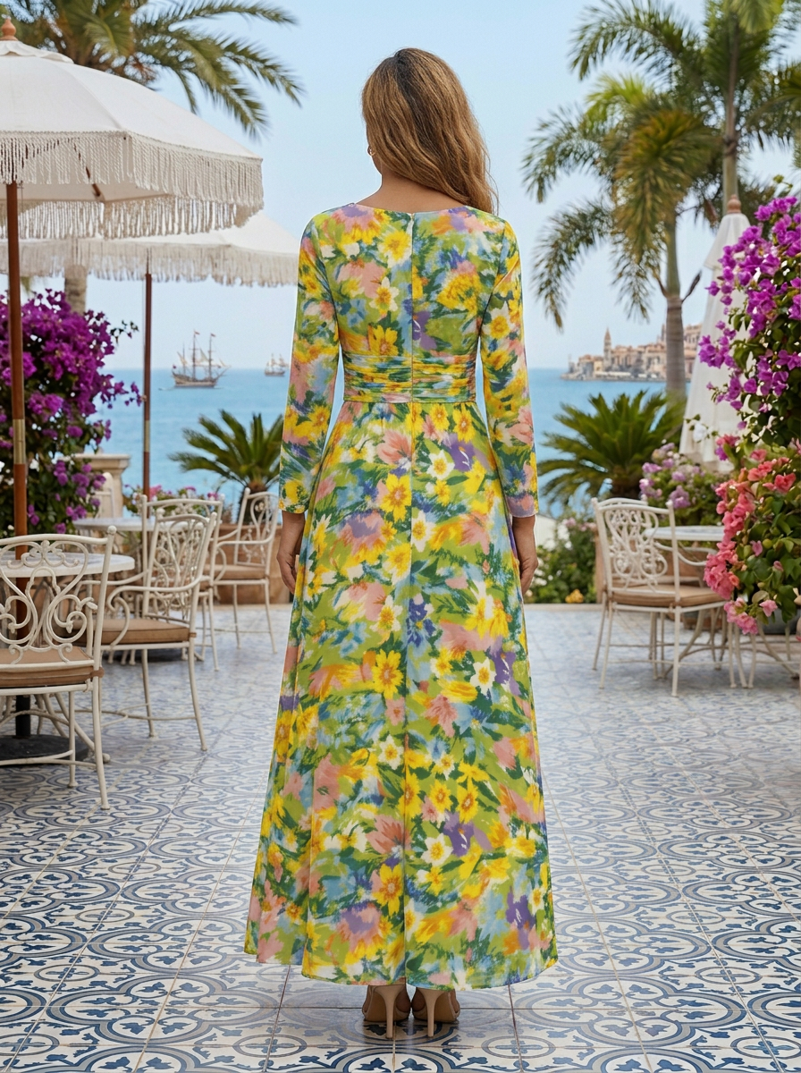 V Neck Long Sleeve Vibrant Multicolor Floral Chiffon Maxi Dress