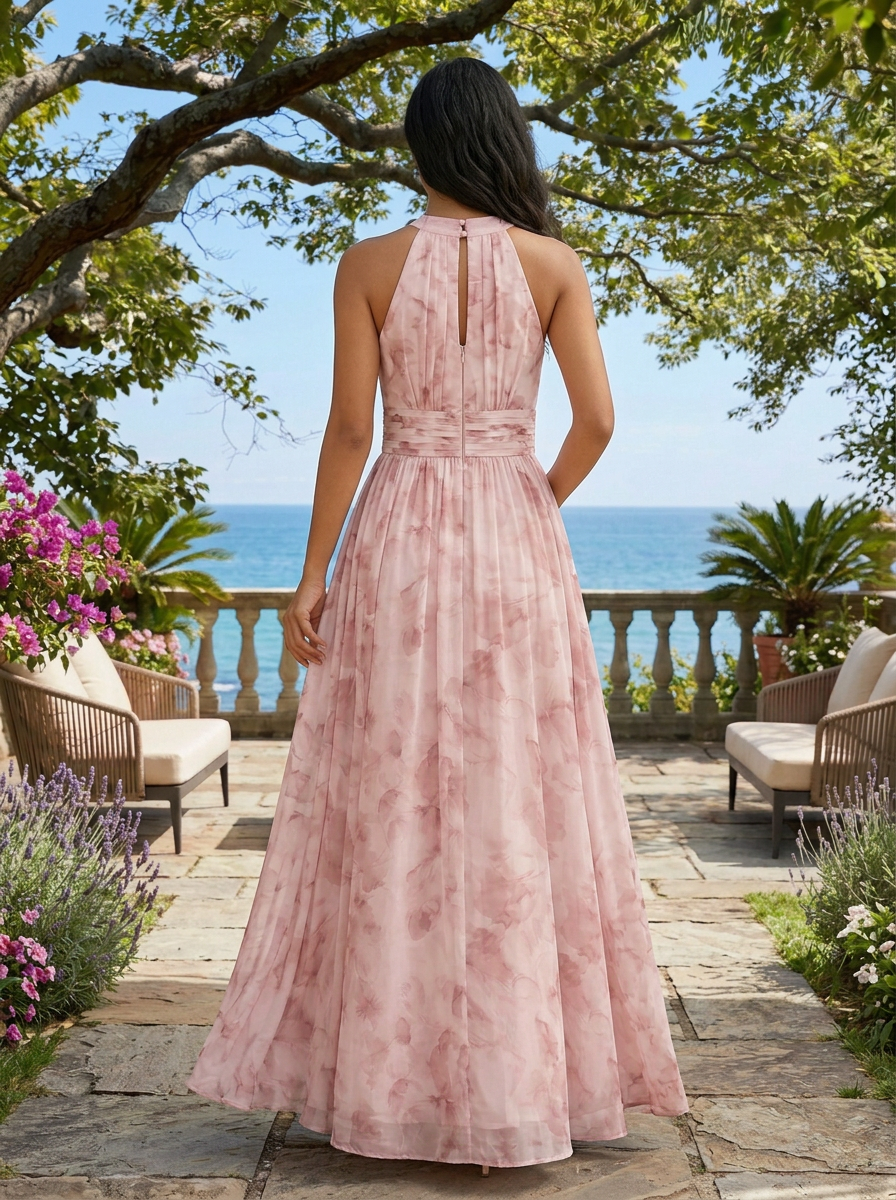 Halter Neck Sleeveless Dusty Pink Watercolor Floral Chiffon Maxi Dress