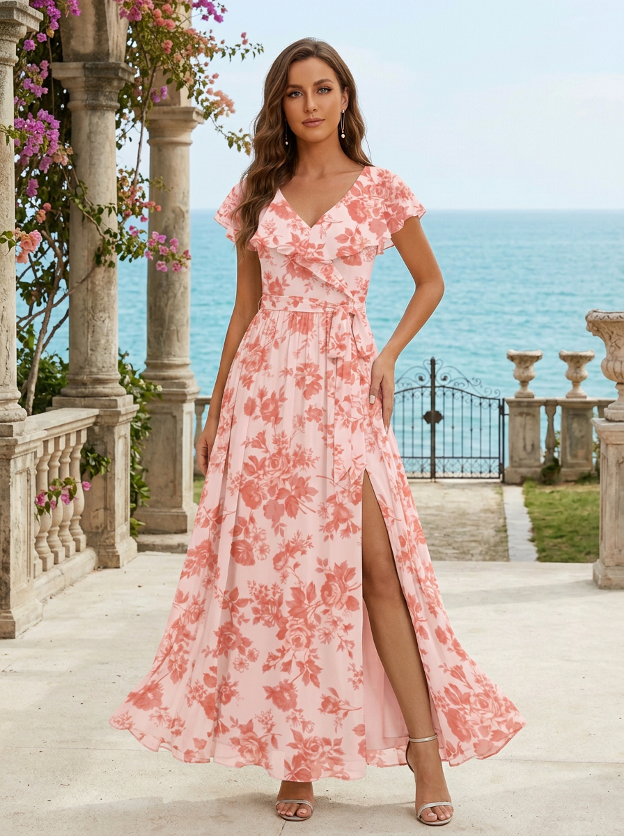 V-Neck Ruffle Flutter Sleeve Blush Pink Floral Slit Chiffon Maxi Dress