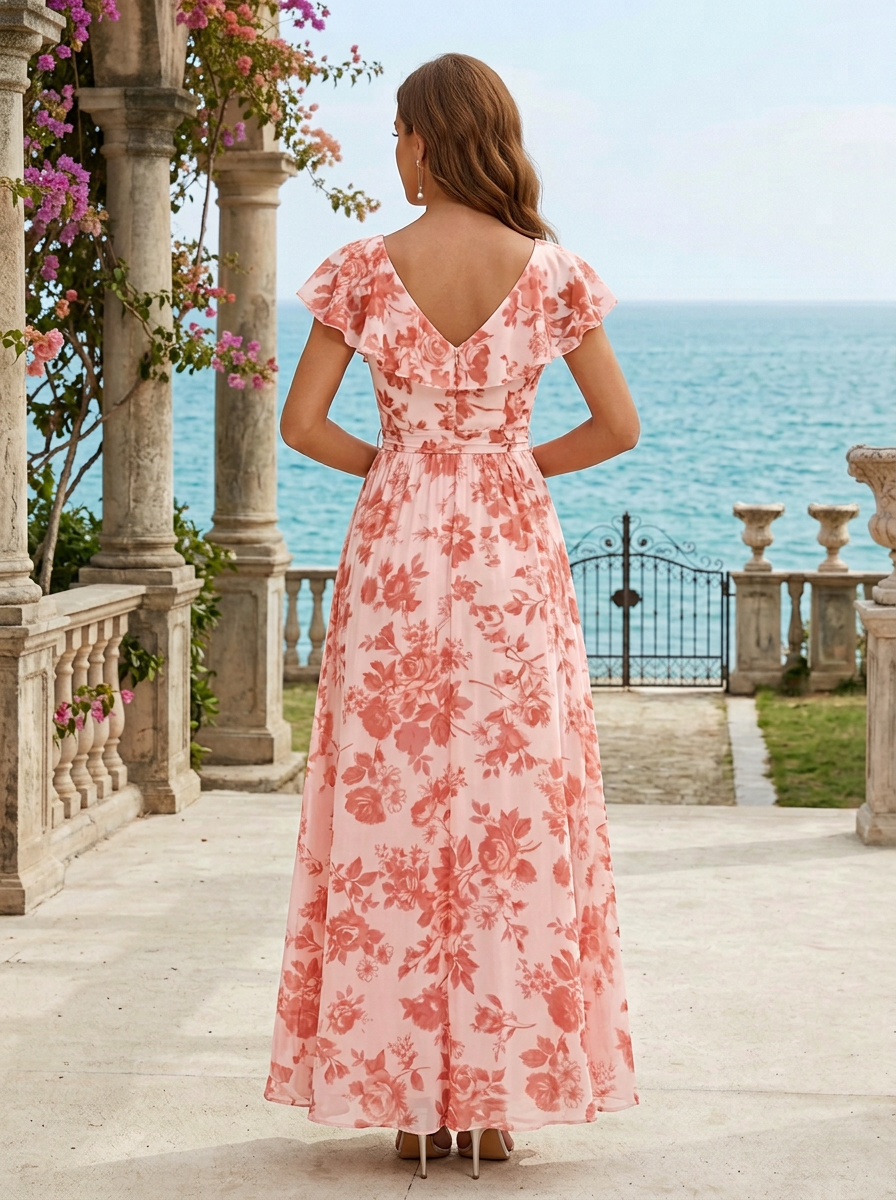 V-Neck Ruffle Flutter Sleeve Blush Pink Floral Slit Chiffon Maxi Dress