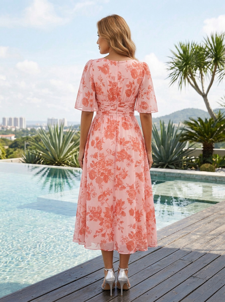 V-Neck Flutter Short Sleeve Light Pink Orange Floral Chiffon Midi Dress