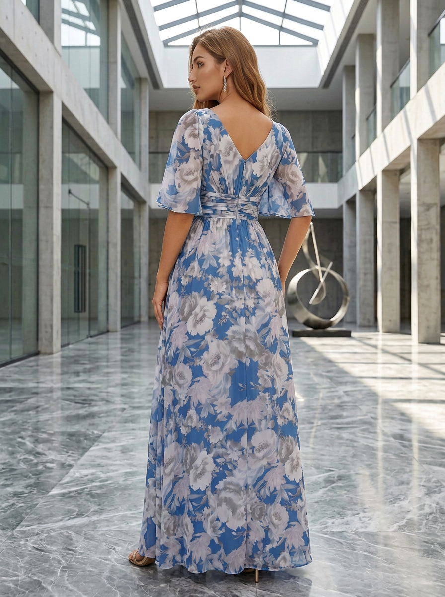 V-Neck Flutter Sleeve Royal Blue Grey Floral High Slit Chiffon Maxi Dress