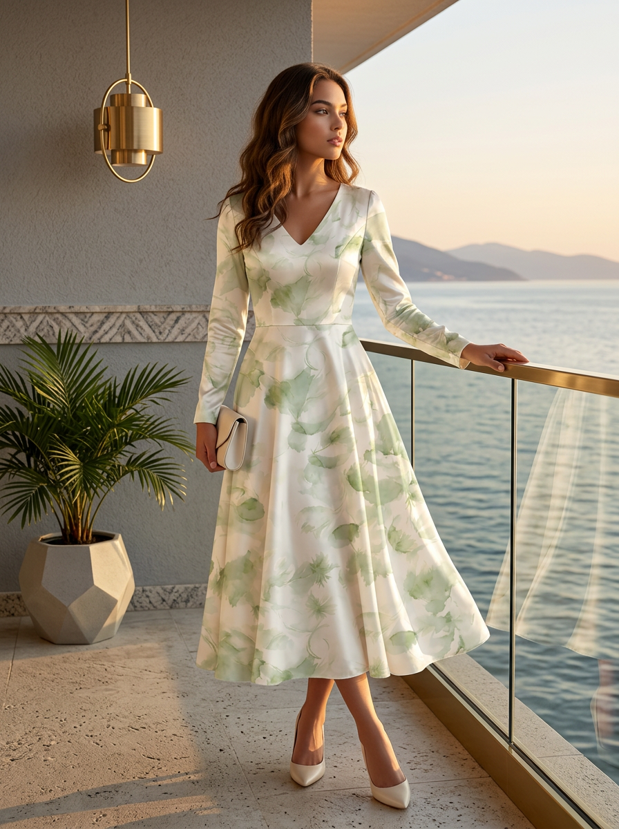 White Base Watercolor Green Floral V-Neck Long Sleeve Midi Dress