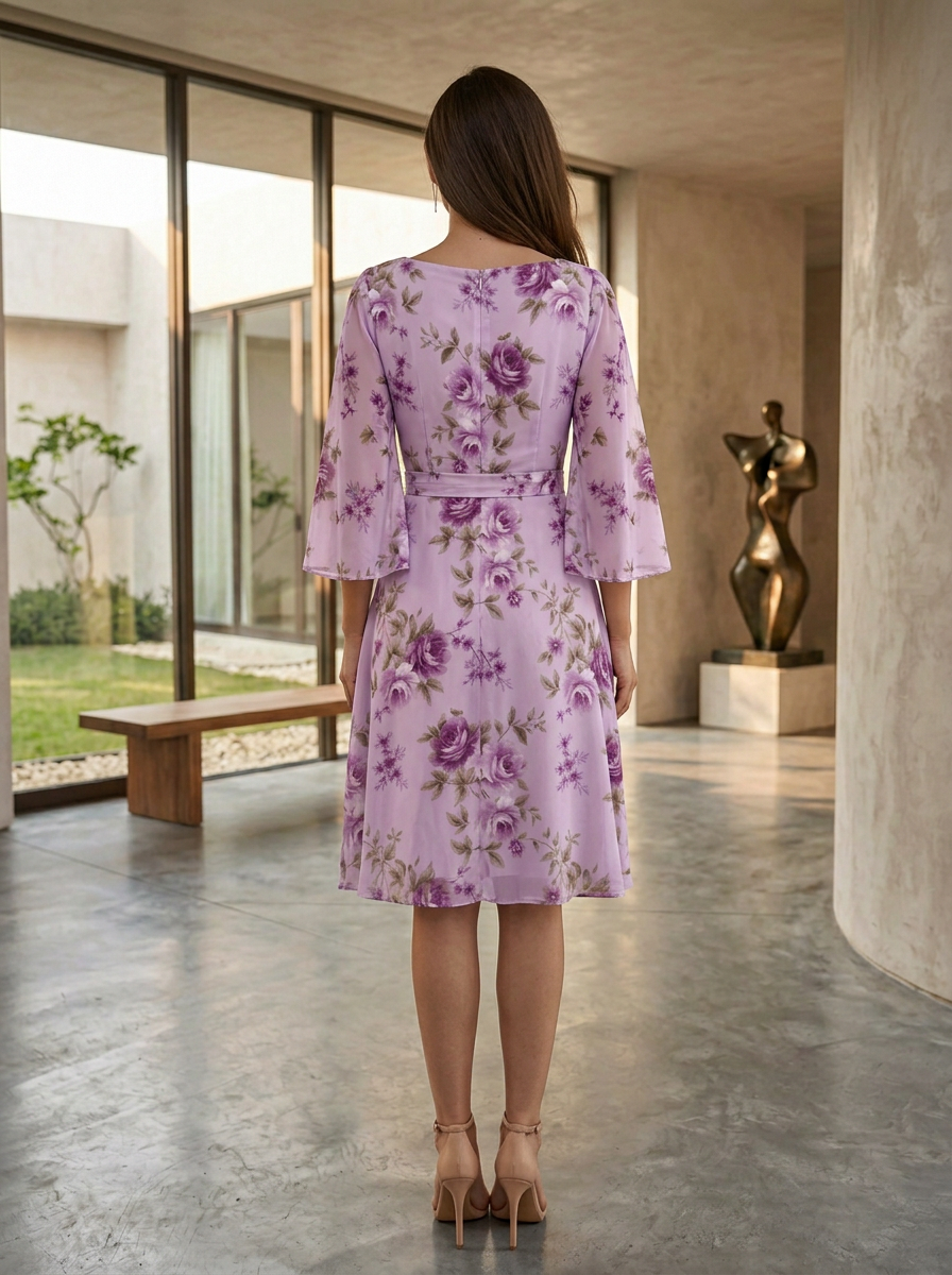 Lilac Rose Floral Boat Neck Flare Sleeve Waisted Midi Dress