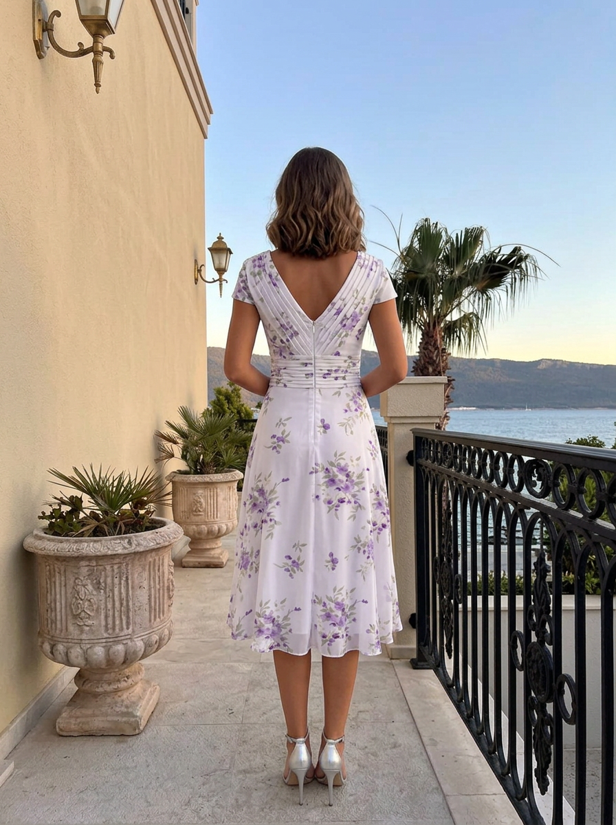 White Base Purple Floral V-Neck Short Sleeve Pleated Rhinestone Midi Dress