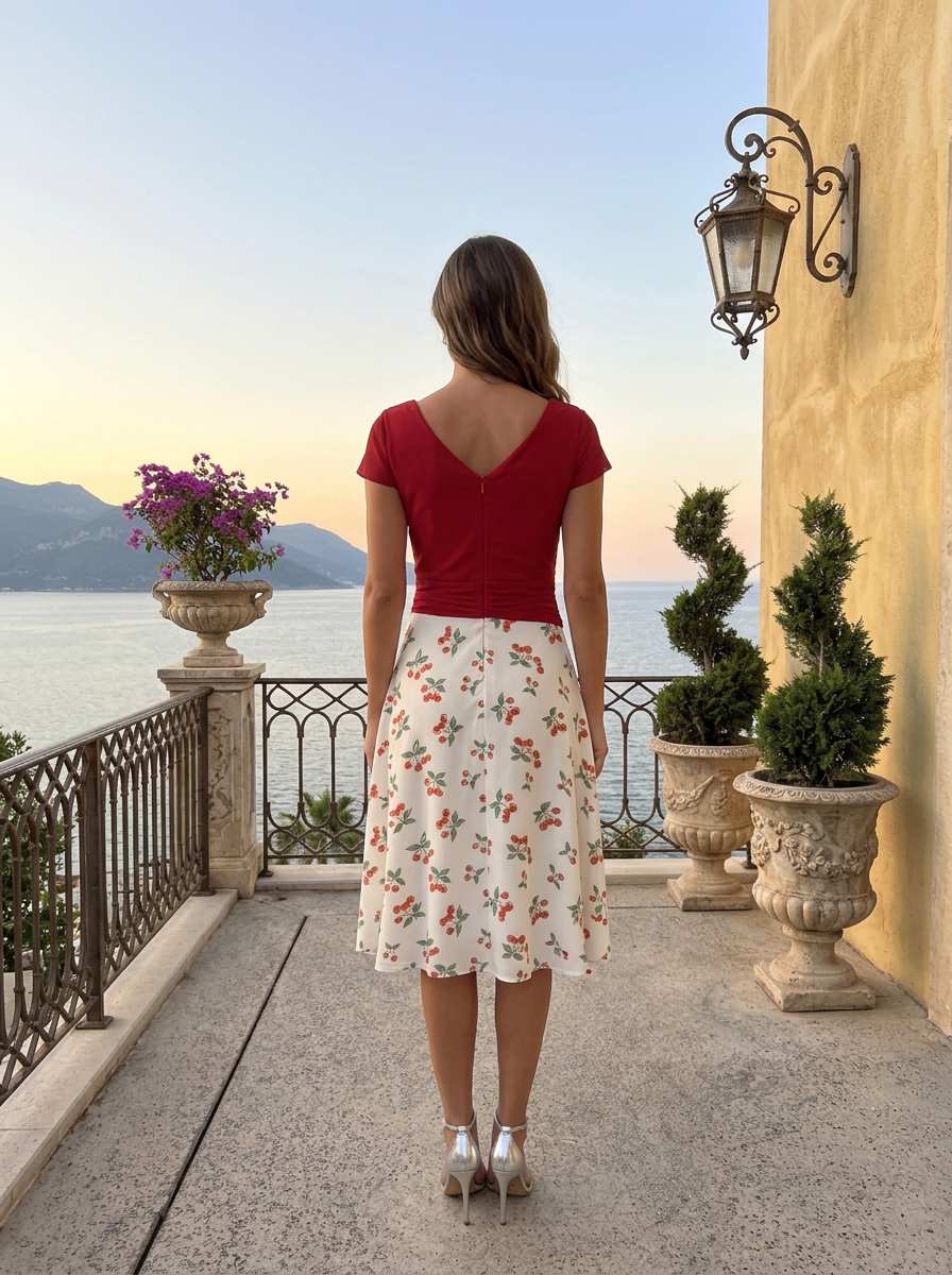 Burgundy & White Cherry Print V-Neck Rhinestone Buckle Short Sleeve Midi Dress