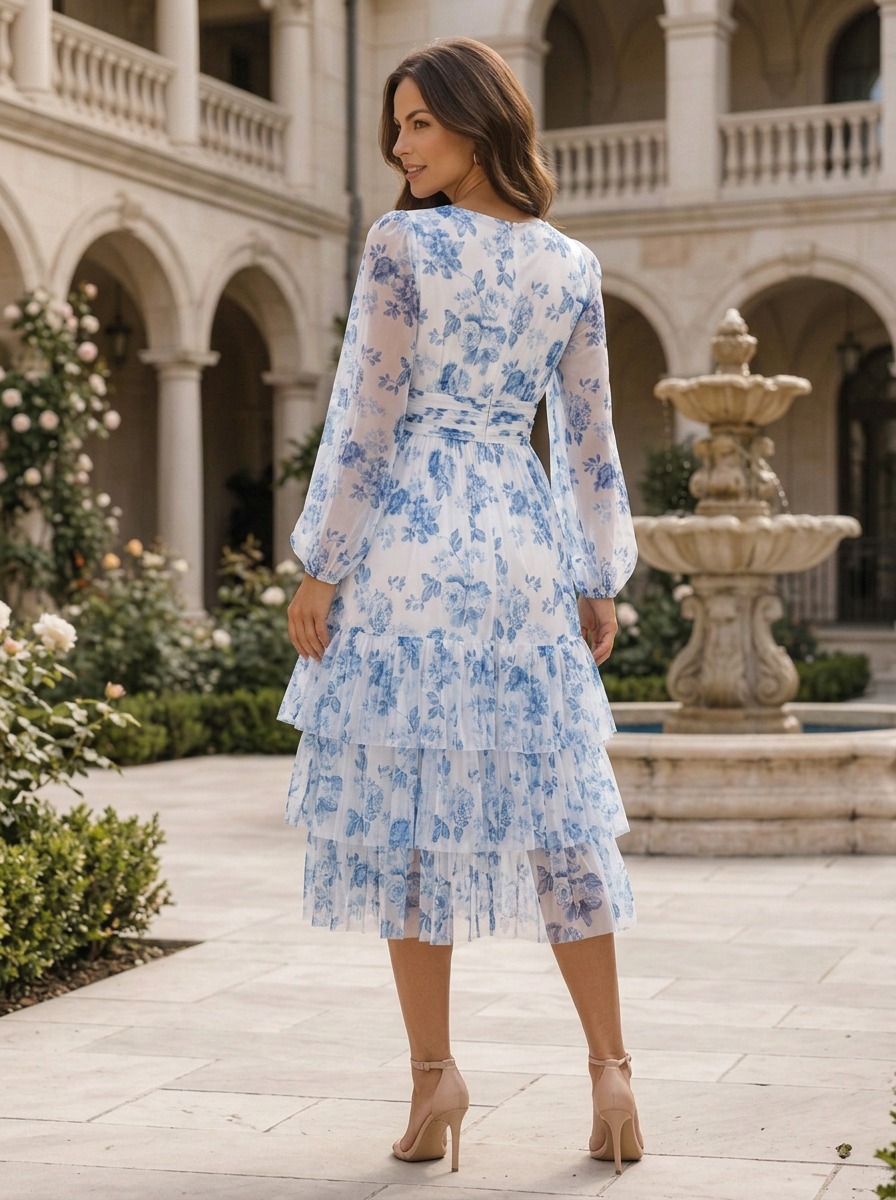 White Base Blue Floral V-Neck Long Sleeve Tiered Midi Dress
