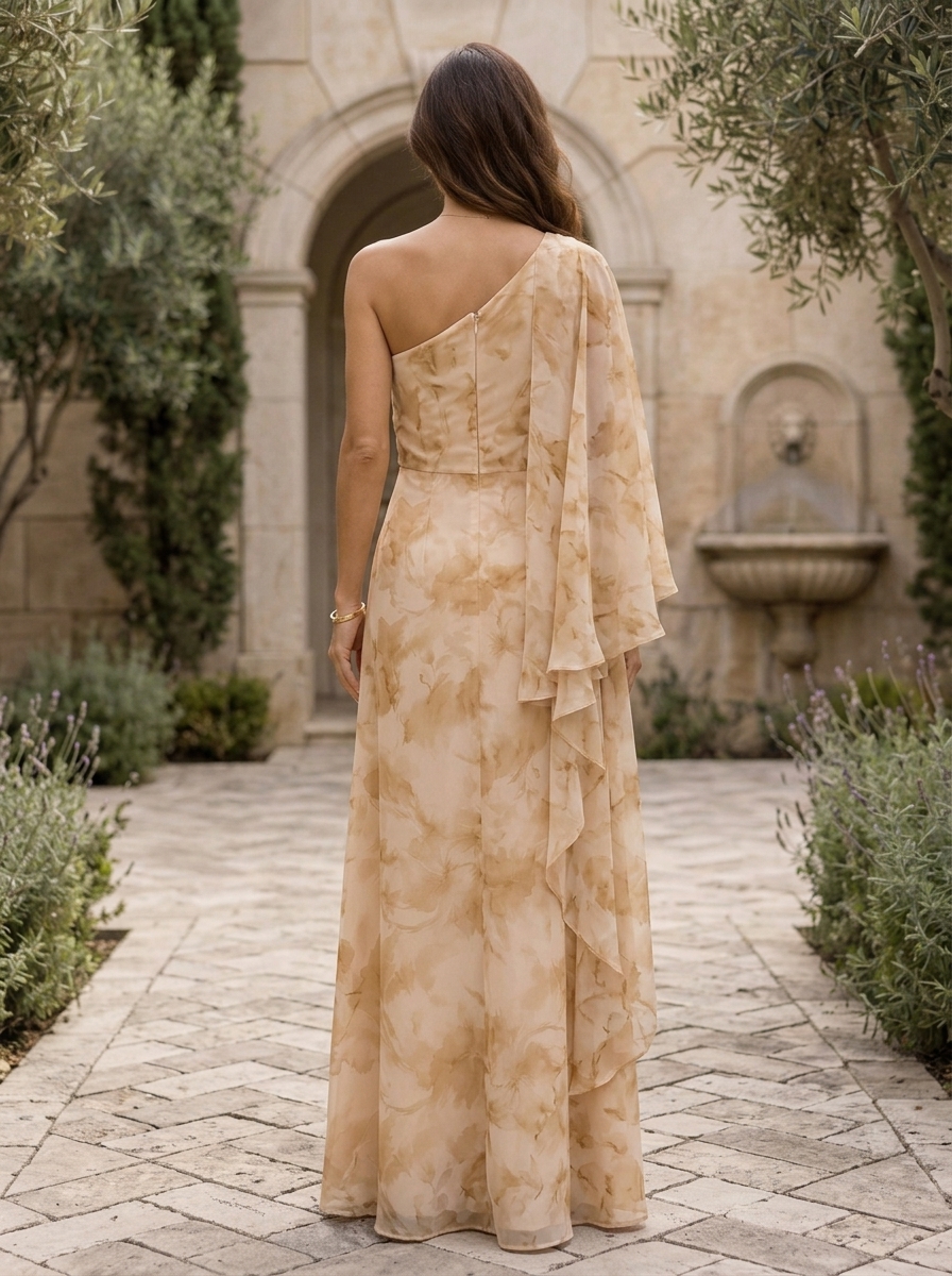 Apricot Watercolor Floral One Shoulder Cape Sleeve Slit Maxi Dress