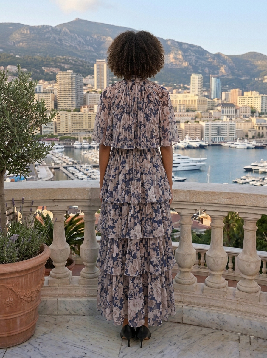 Navy Vintage Floral High Neck Ruffle Sleeve Tiered Maxi Dress