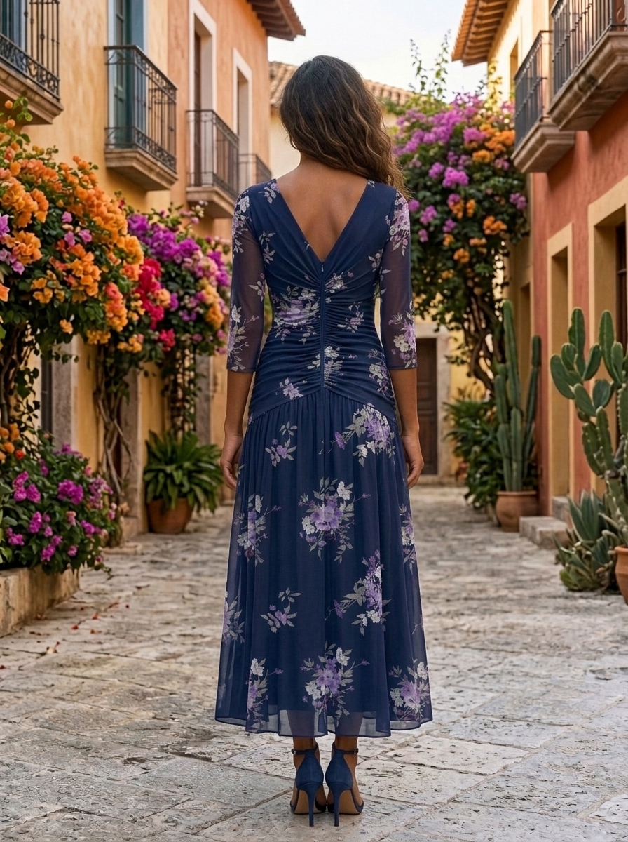 Navy Purple Floral Front & Back V-Neck Ruched 3/4 Sleeve Chiffon Midi Dress
