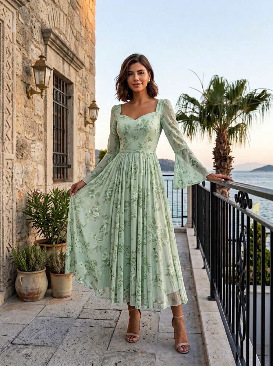 Mint Green Rose Floral Sweetheart Square Neck Flare Long Sleeve Midi Dress