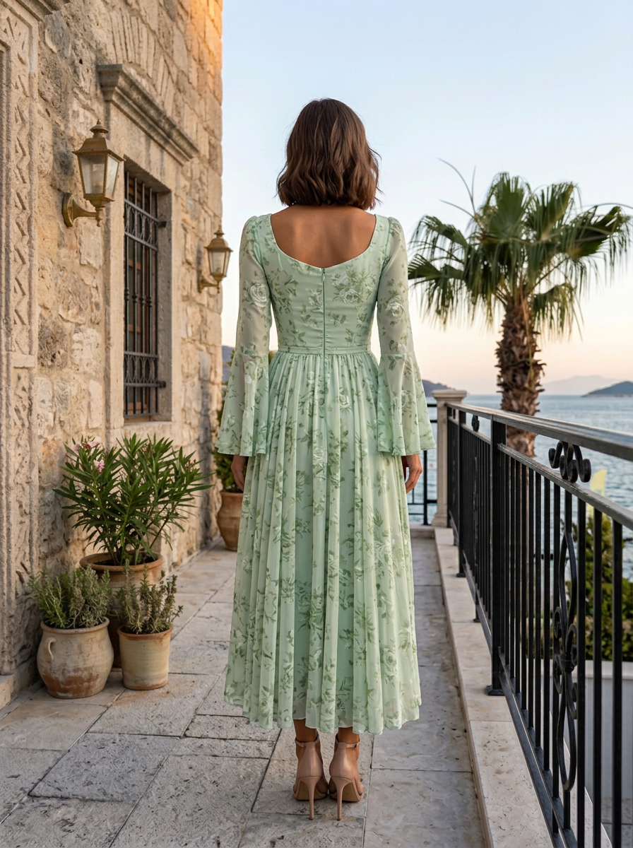 Mint Green Rose Floral Sweetheart Square Neck Flare Long Sleeve Midi Dress